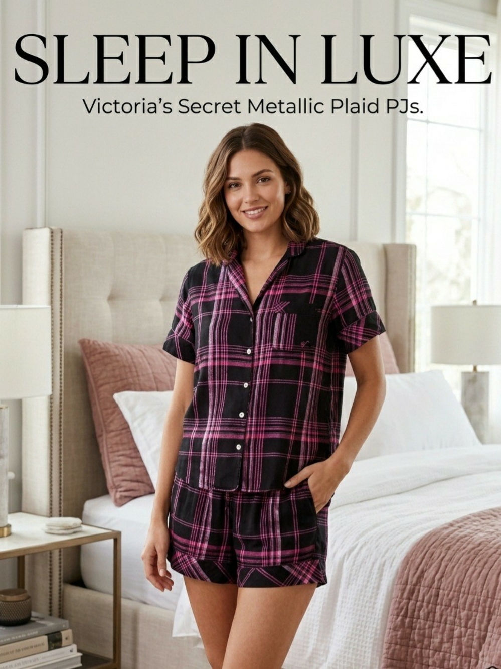 Victoria's Secret Flannel Short Pajama Set Black Fuchsia Pink Plaid Shimmer "S"